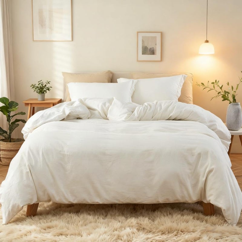 Simple&Opulence French Linen Duvet Cover Set 78" x 86"- 3 Pieces (1 Comforter Cover,2 Pillowcases)- Natural Flax Cotton Blend-Solid Color Breathable Farmhouse Bedding-Off White, Full - Image 1